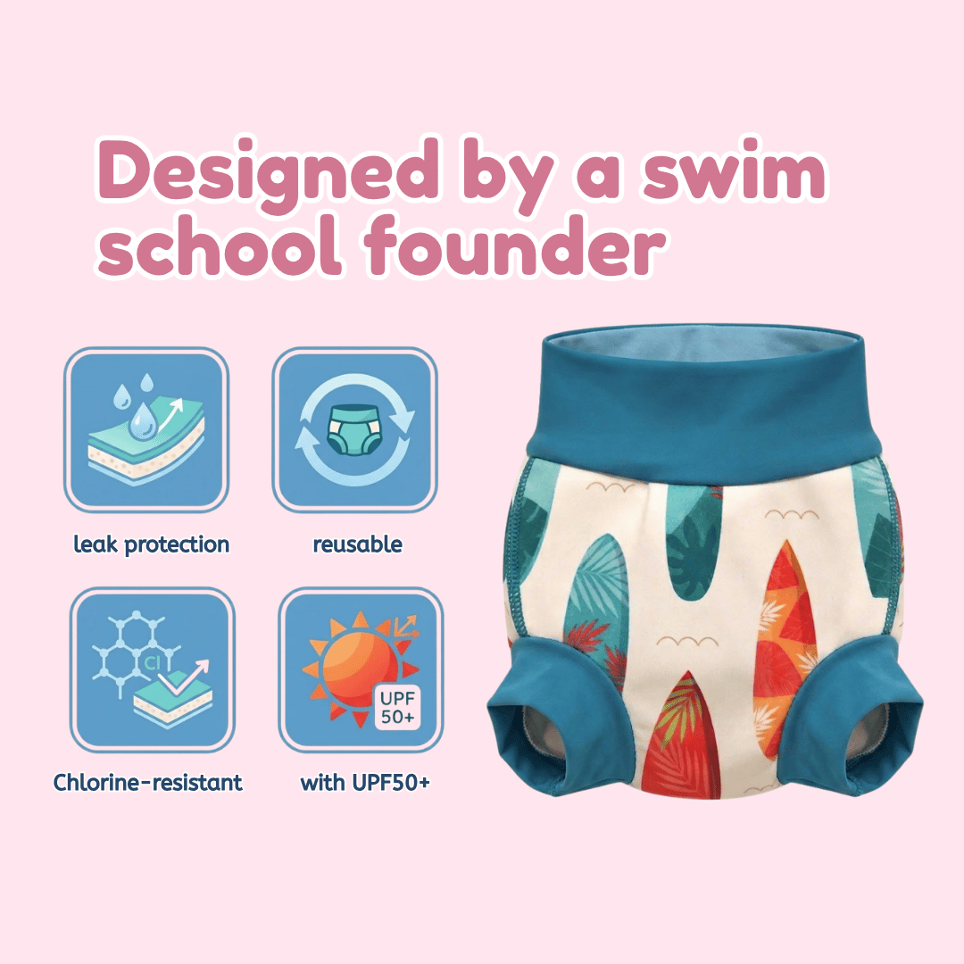 A reusable swim diaper shown on a light pink background with marketing text reading 'Designed by a swim school founder' and four feature icons for leak protection, reusability, chlorine resistance, and UPF50+ protection.