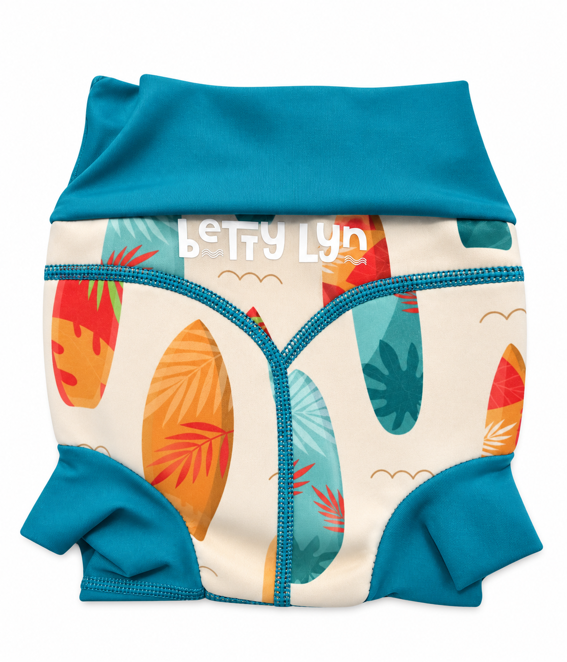 A reusable swim diaper with a cream-colored body featuring a colorful surfboard and palm leaf pattern, bright teal blue waistband, leg openings, and trim, and the text 'Betty Lyn' printed across the front
